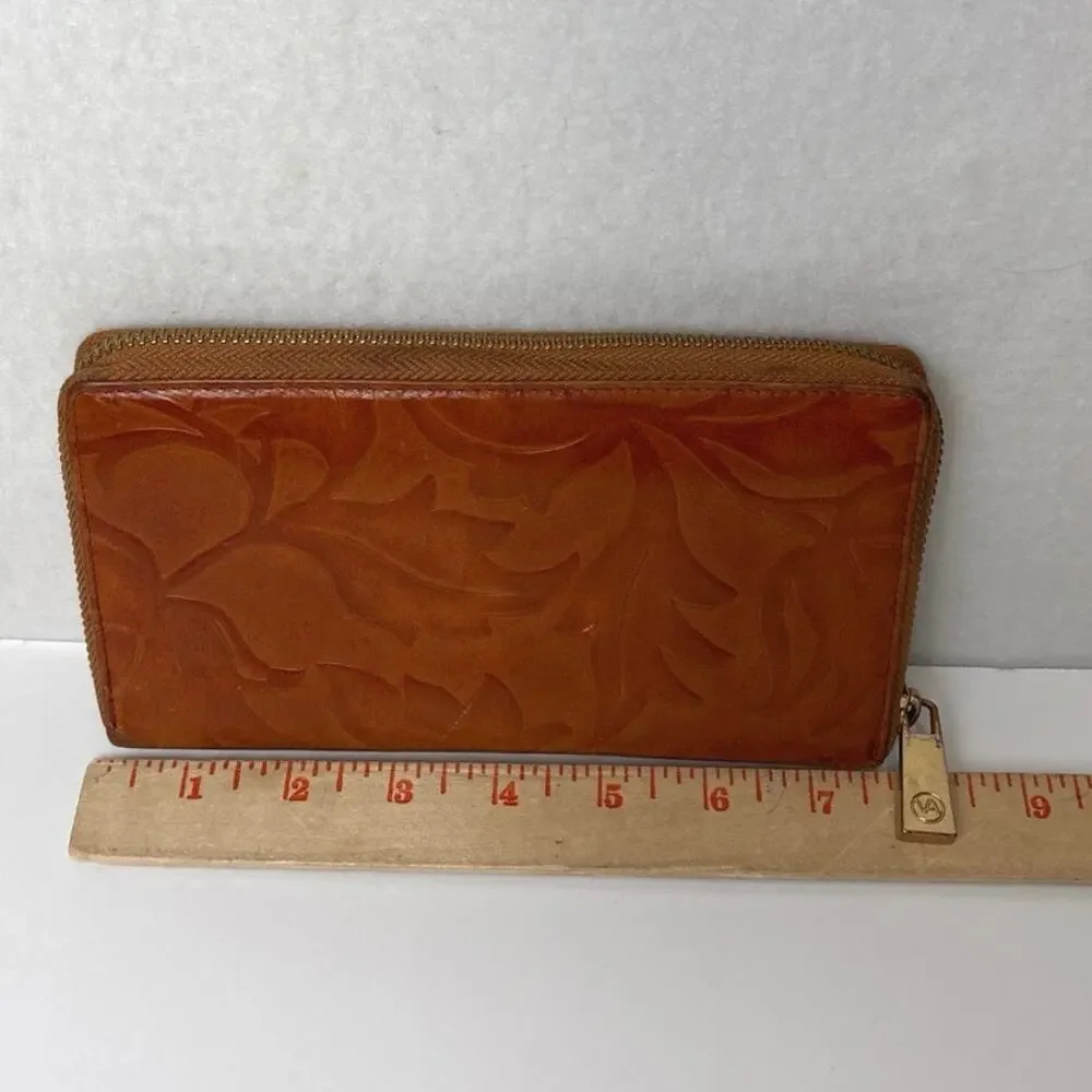 Valentina Italian Tulip Embossed Brown Leather Wallet Corner Zip Gold Hardware
